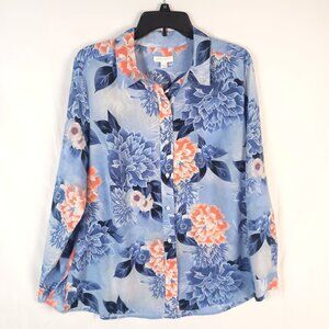Charter Club Floral Button Front Blouse Women L Blue Print Long Sleeve